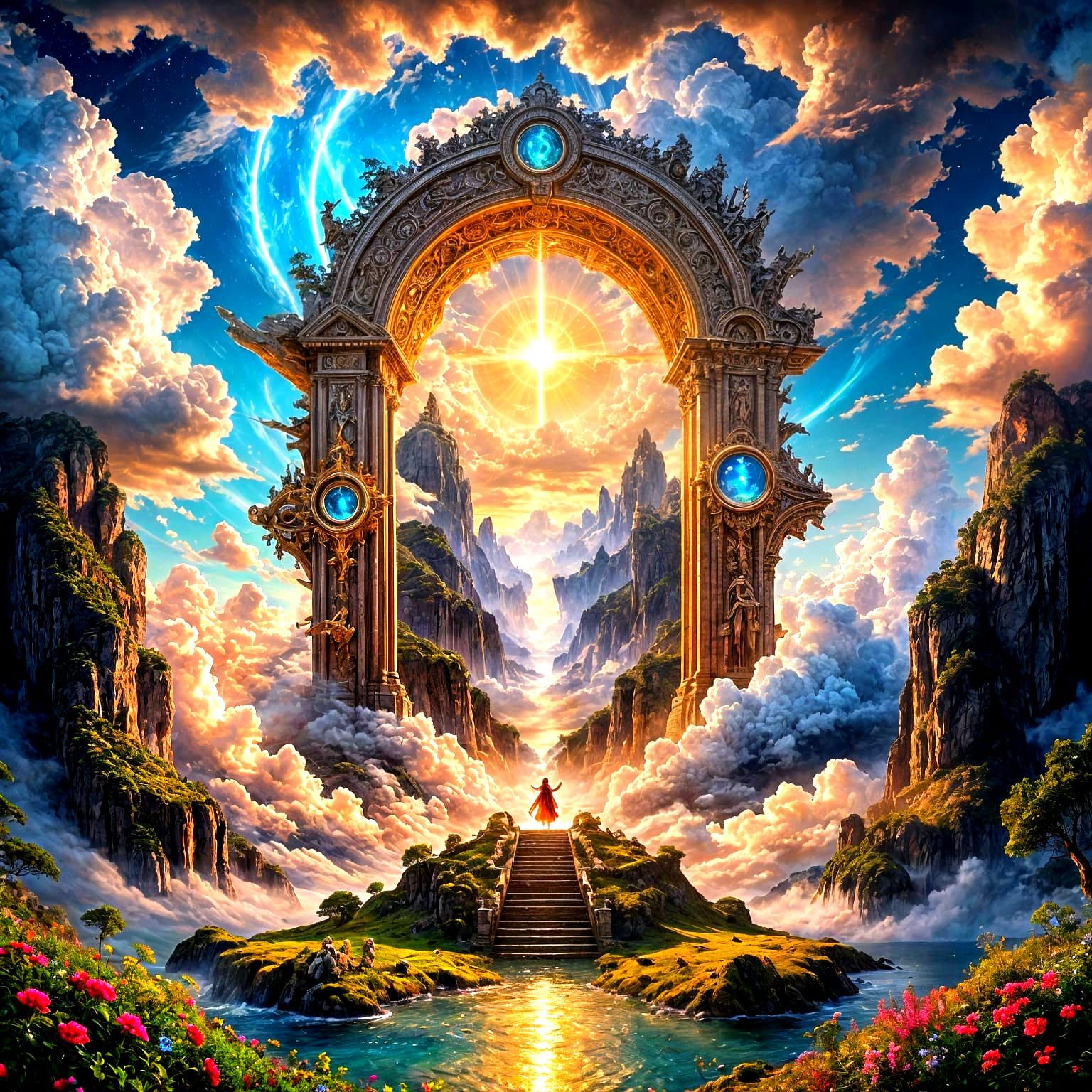 Divine Creature Emerges from Portal in Heavenly Cloudscape