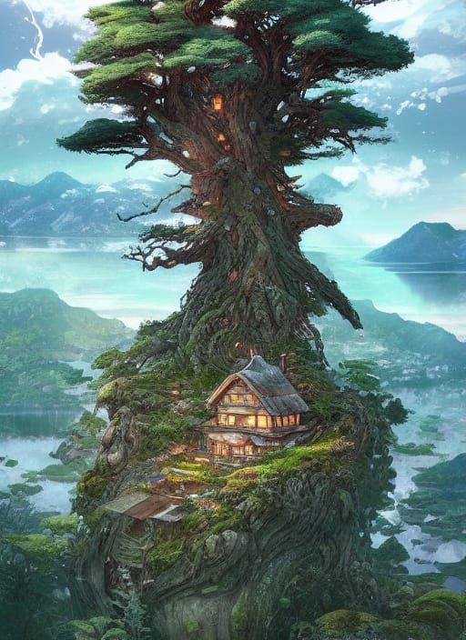 Picturesque Cottage on Mountain Lake in Digital Illustration