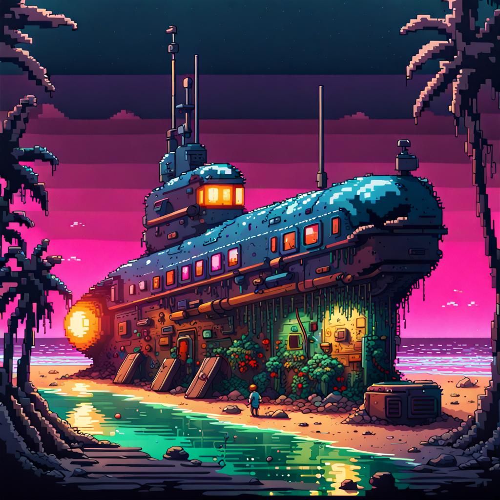 Neon Submarine Stranded: 8-bit Pixel Art Beach Scene