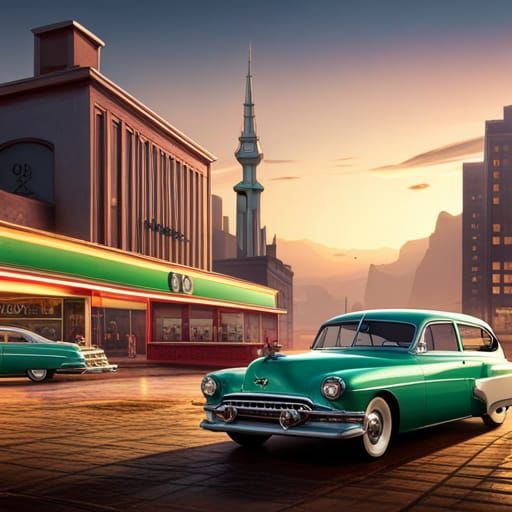 1950s Car at Supermarket, Detailed Matte Painting