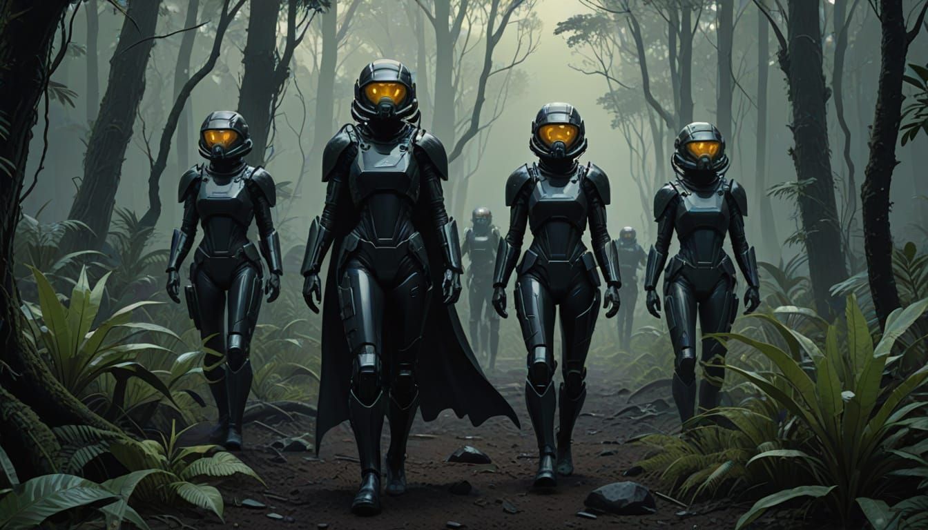 Elite Female Warriors in Latex Capes Patrol Alien Jungle