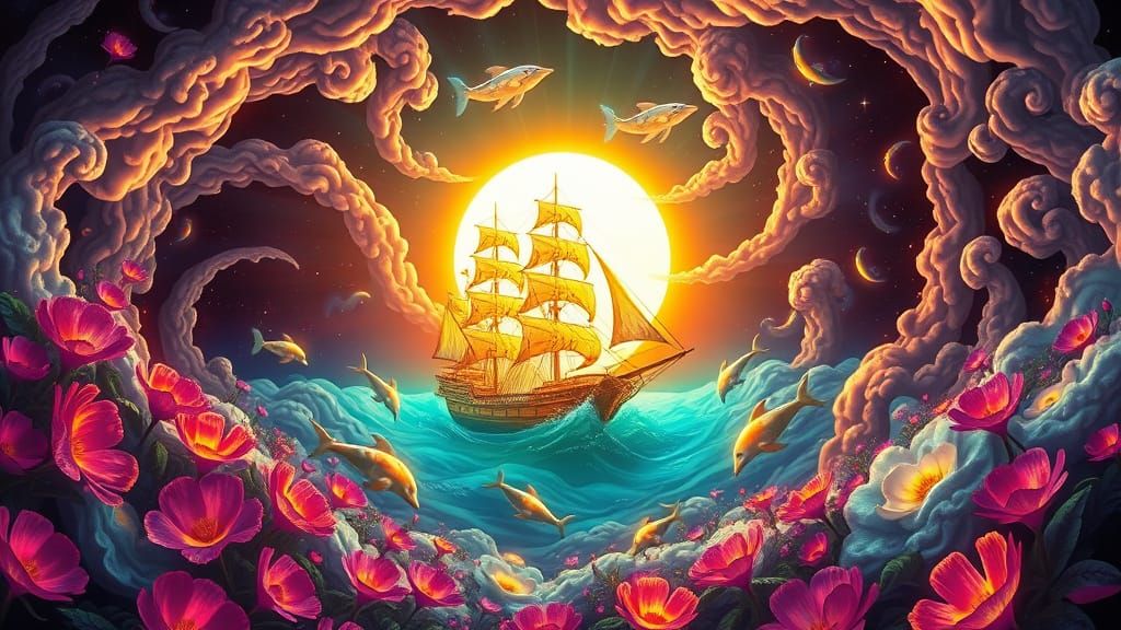 Neon Flower Space Ship in Futuristic Style