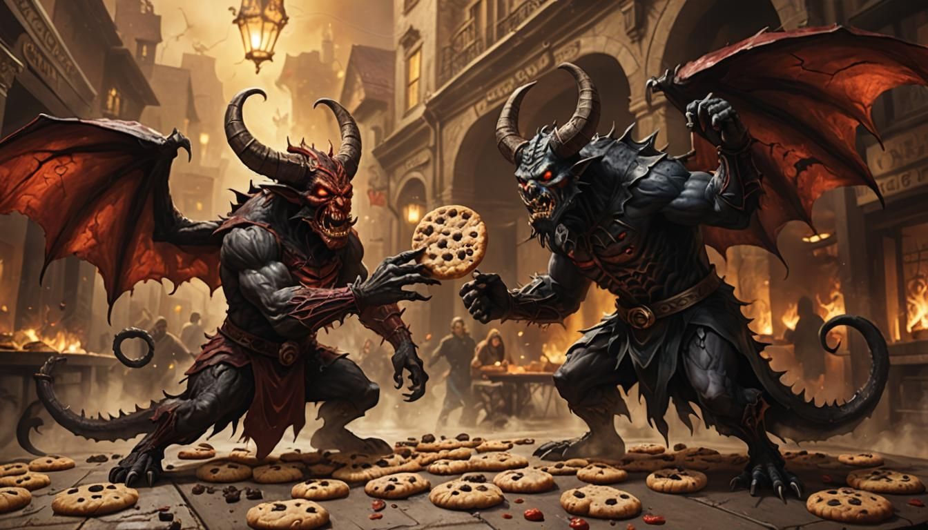 Demonic Cookie Brawl in Restaurant Setting