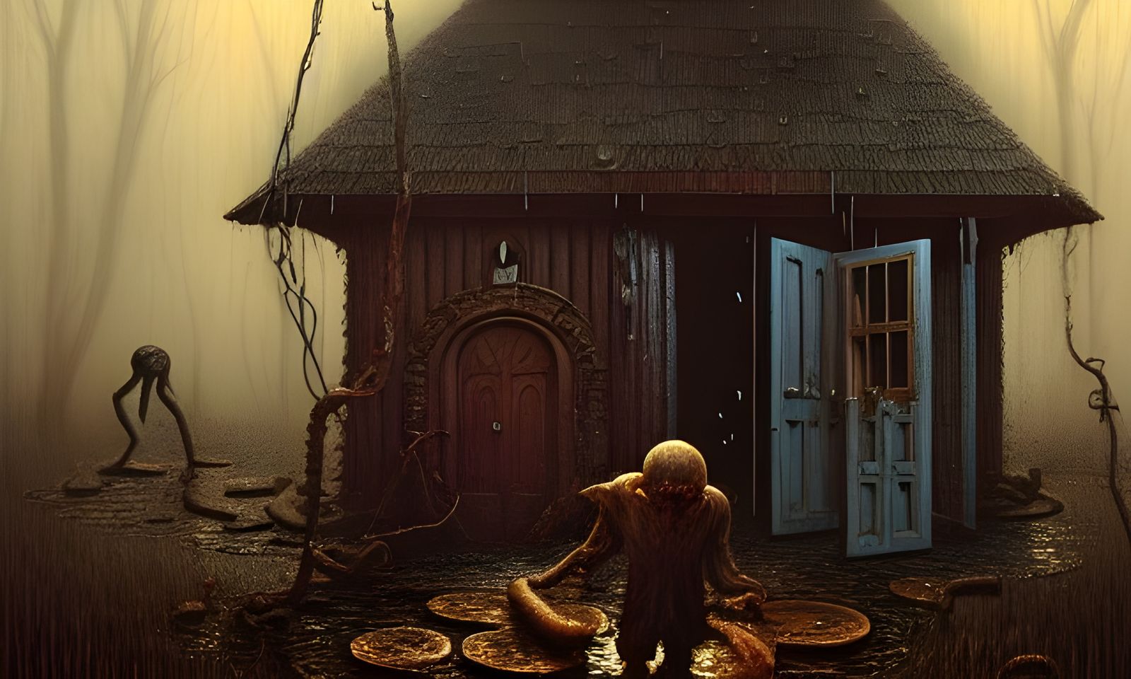 Grotesque Figure Reaching Out: Detailed Gouache Painting