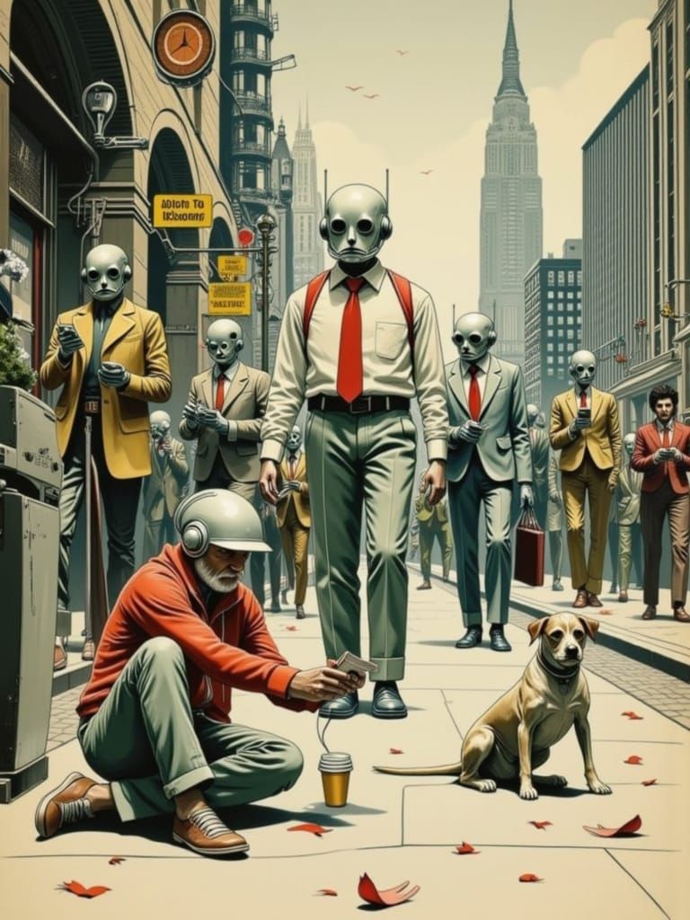 Vintage Robots in a Surreal Cityscape: A Commentary on Moder...