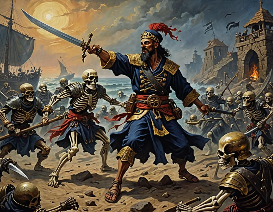 An oil painting of Sinbad the sailor fighting skeleton warri...