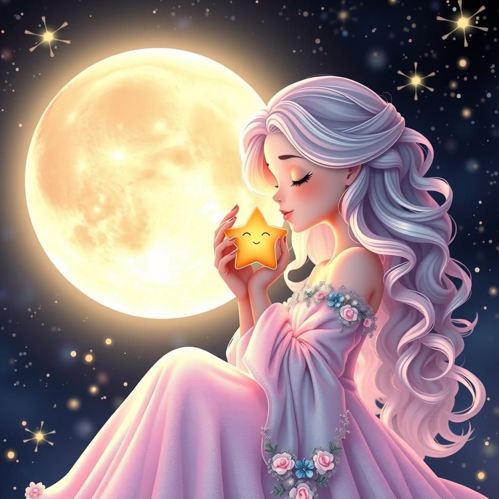Luminous Mother Moon Kisses Adorable Star in Vibrant Anime S...