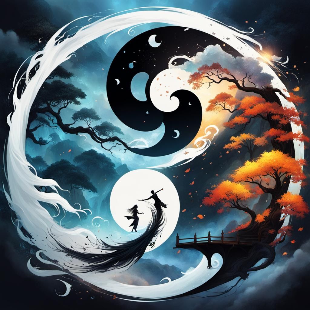 Dreamy Yin and Yang in Splash Art Style
