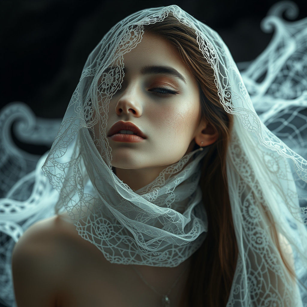 Ethereal Being with Lace Veil in Op Art Style