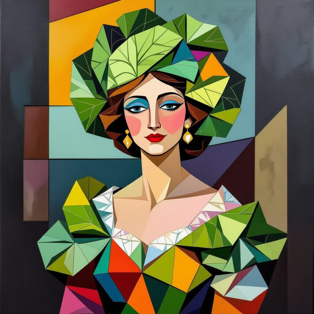Regal Woman Adorned With Cabbage Leaves in Neo-Cubist Style
