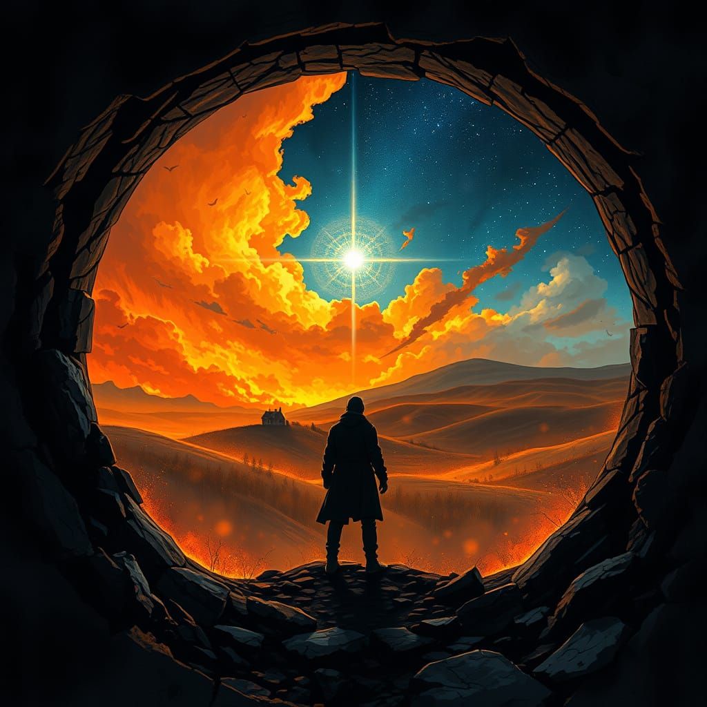 Apocalyptic Portal to Fiery World in Dark Sci-Fi Style