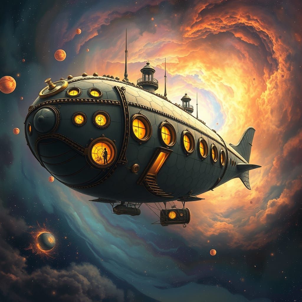 Steampunk Dragon Airship Soaring Through Nebula