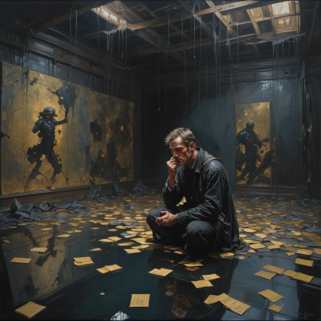 Hero's Dark Reflection: Oil Painting of Loss
