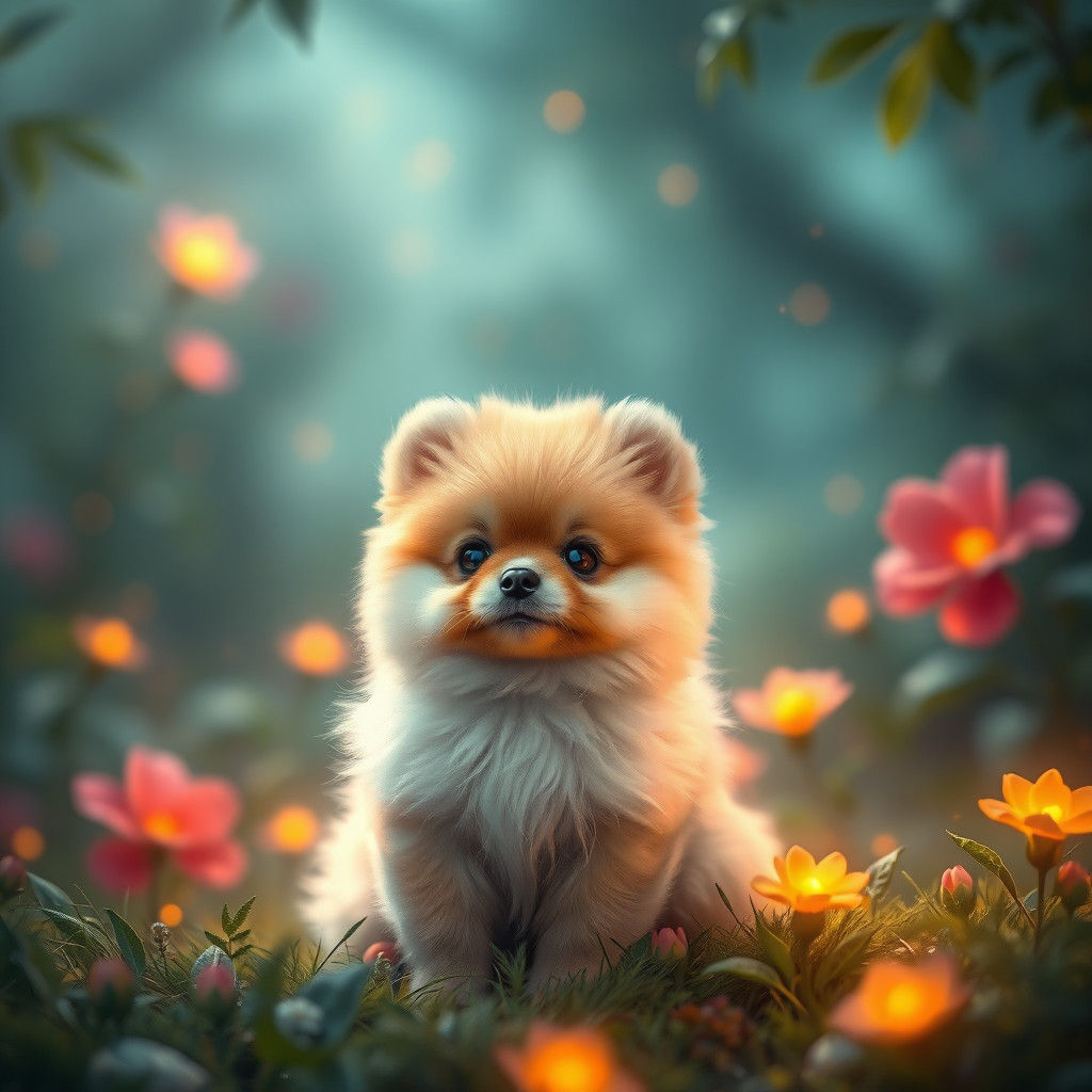 Dreamlike Pomeranian Puppy in Fantasy Landscape