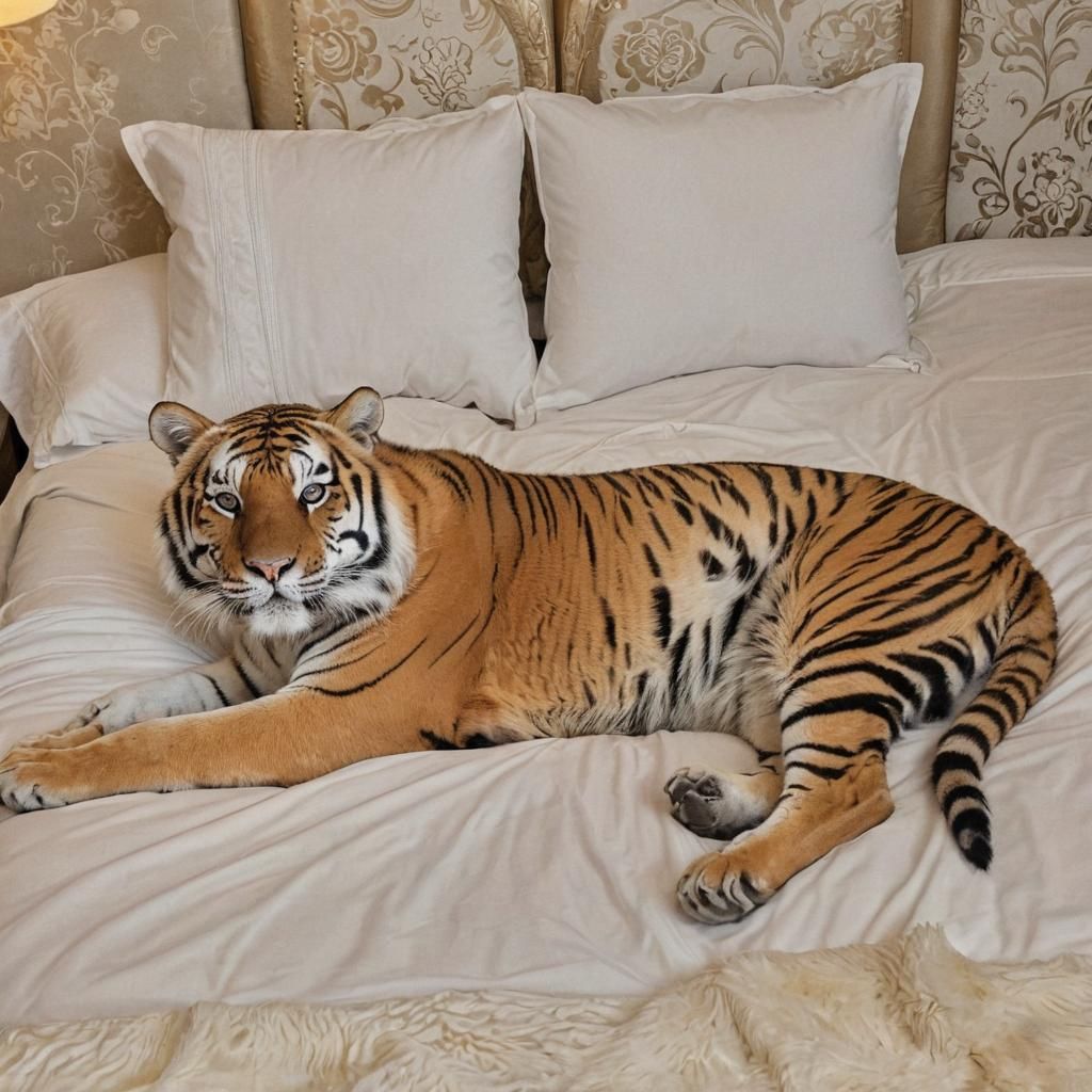 Siberian Tiger Relaxing on Queen Size Bed