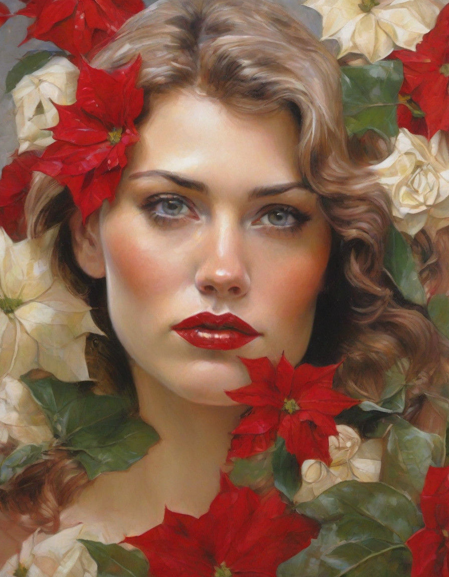 Ethereal Woman Amidst Vibrant Poinsettias