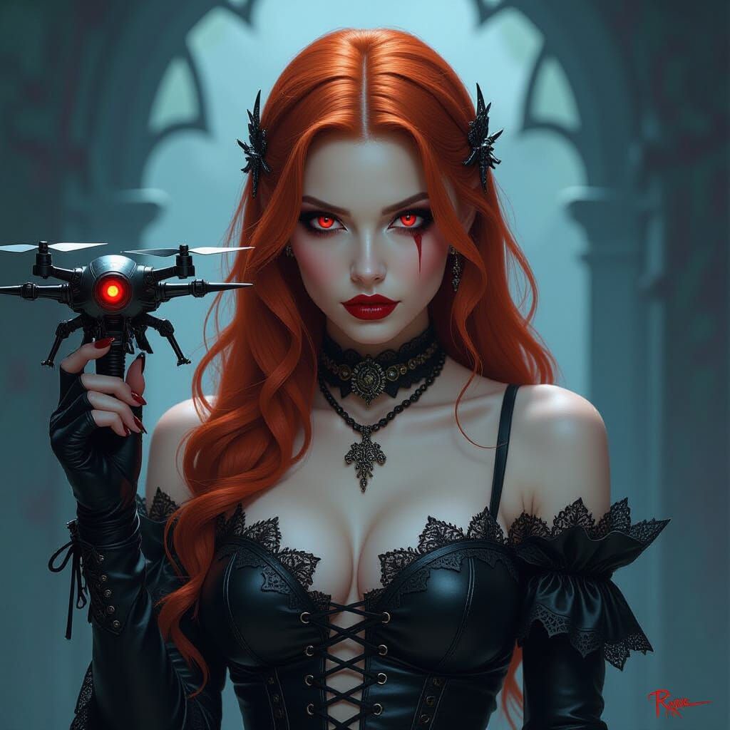 Gothic Woman with Murder Drone, Dark Fantasy Digital Paintin...
