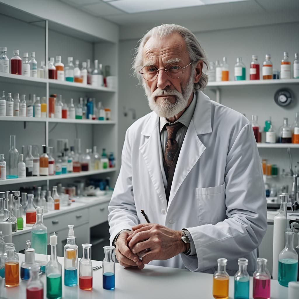 Old Alchemist in Icy White Laboratory