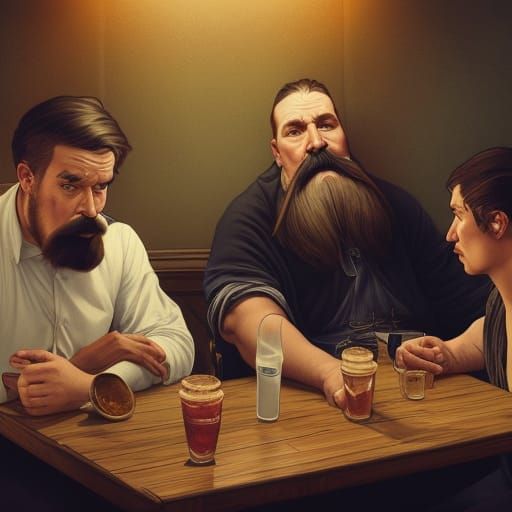 Men with Enormous Mustaches in Bar, Detailed Portrait