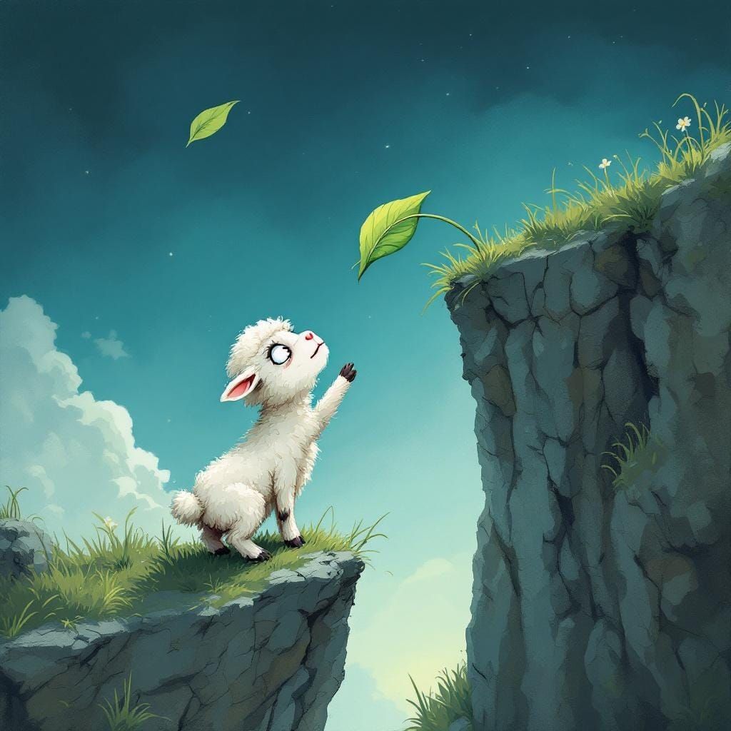 Nervous Lamb Reaching for Leaf on Cliff Ledge