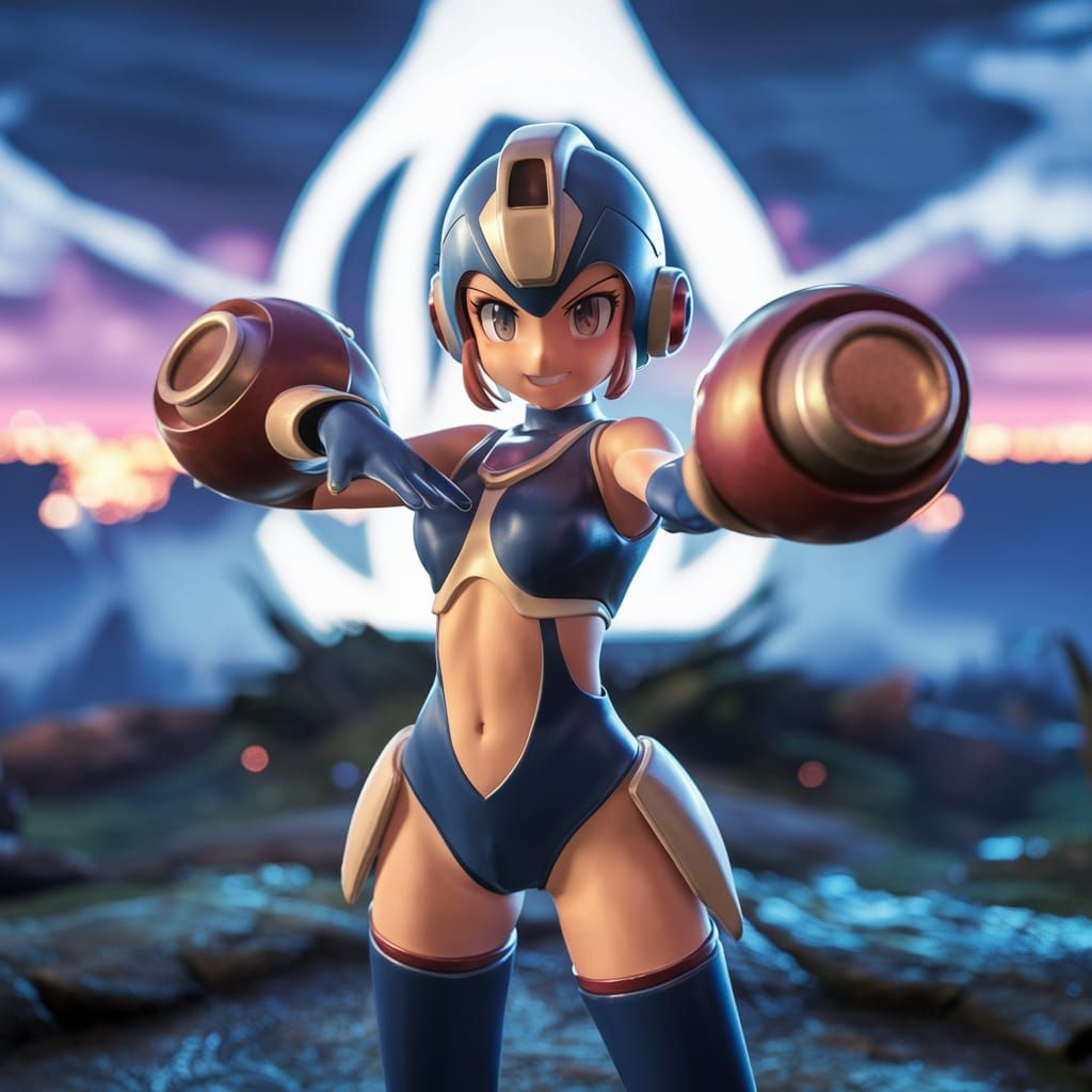 Attractive version of megaman as a female, typical video cam...