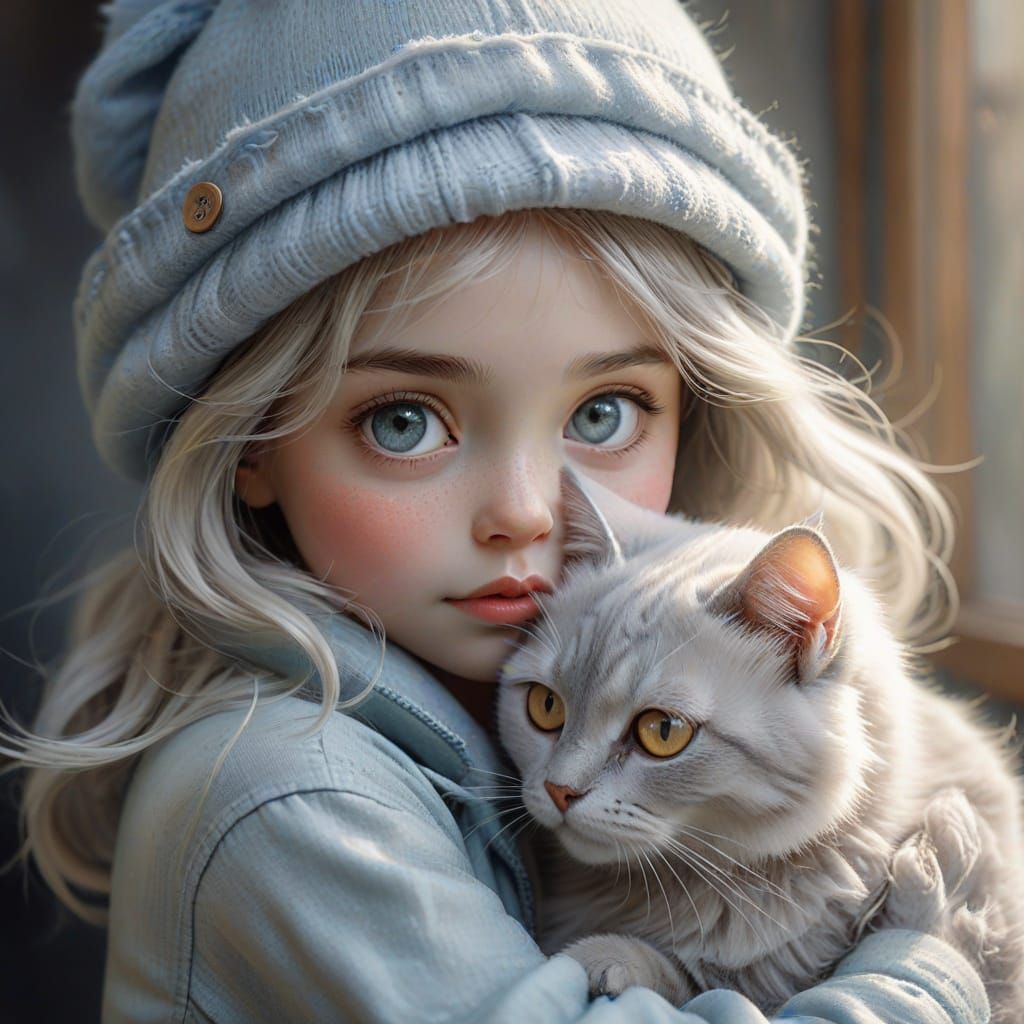 Delicate Watercolor Portrait of a Little Girl and Her Cat