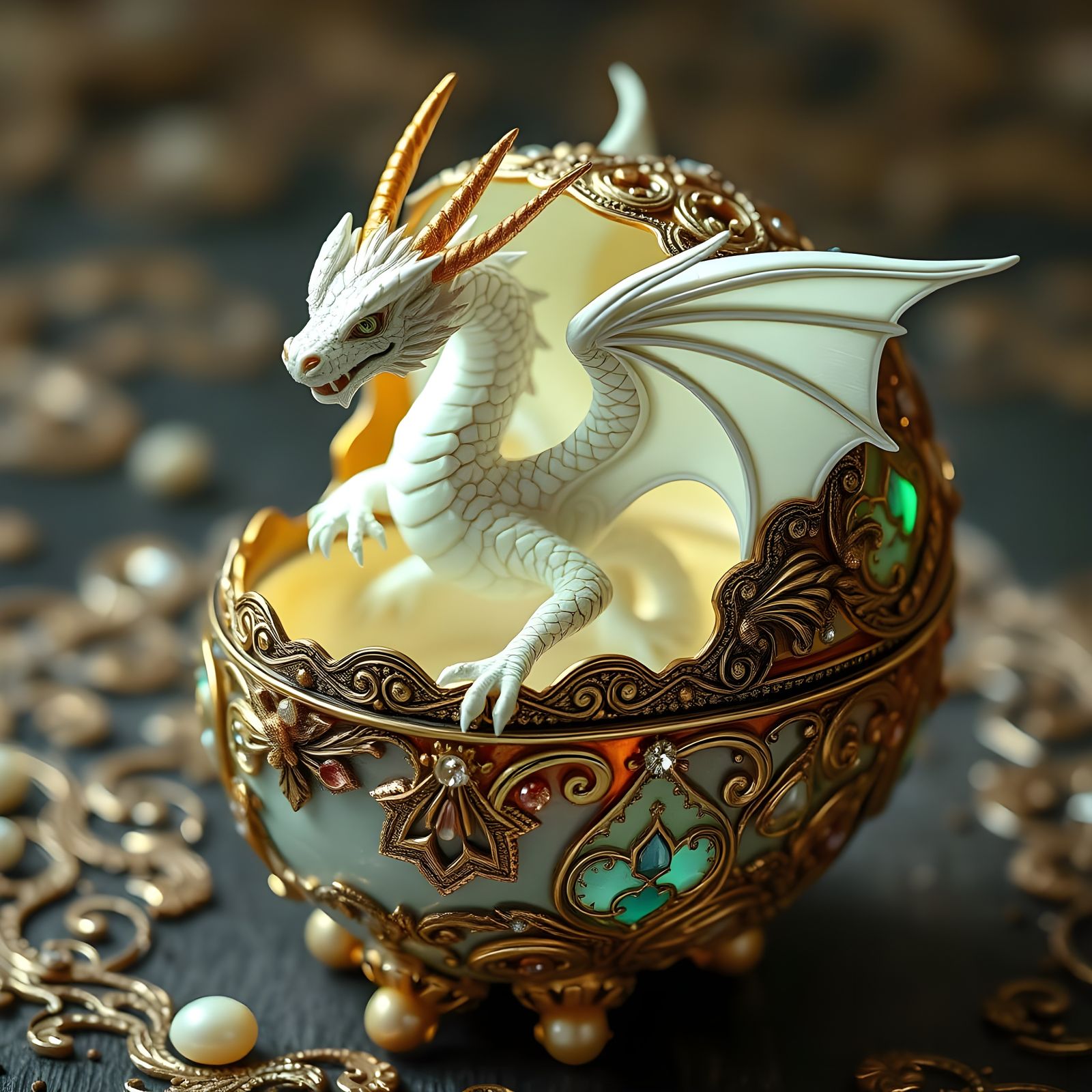Elegant Easter Dragon Adorns Faberge Egg in Gold and White