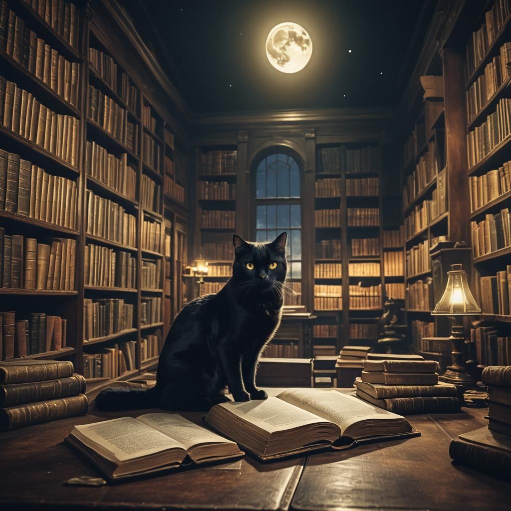 Black Cat Guards Magic Books in Old Library
