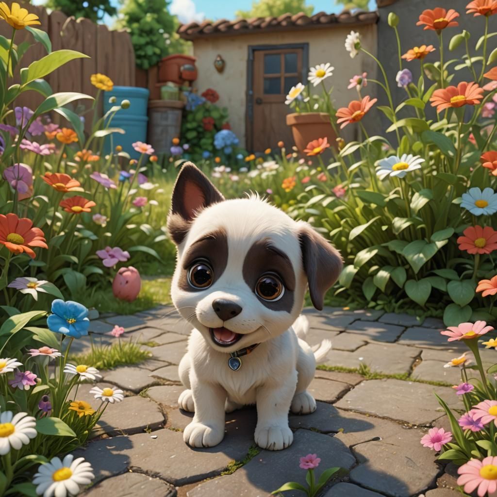 3D cartoon, funny Chiby puppy dog posing  next to  a smiling...