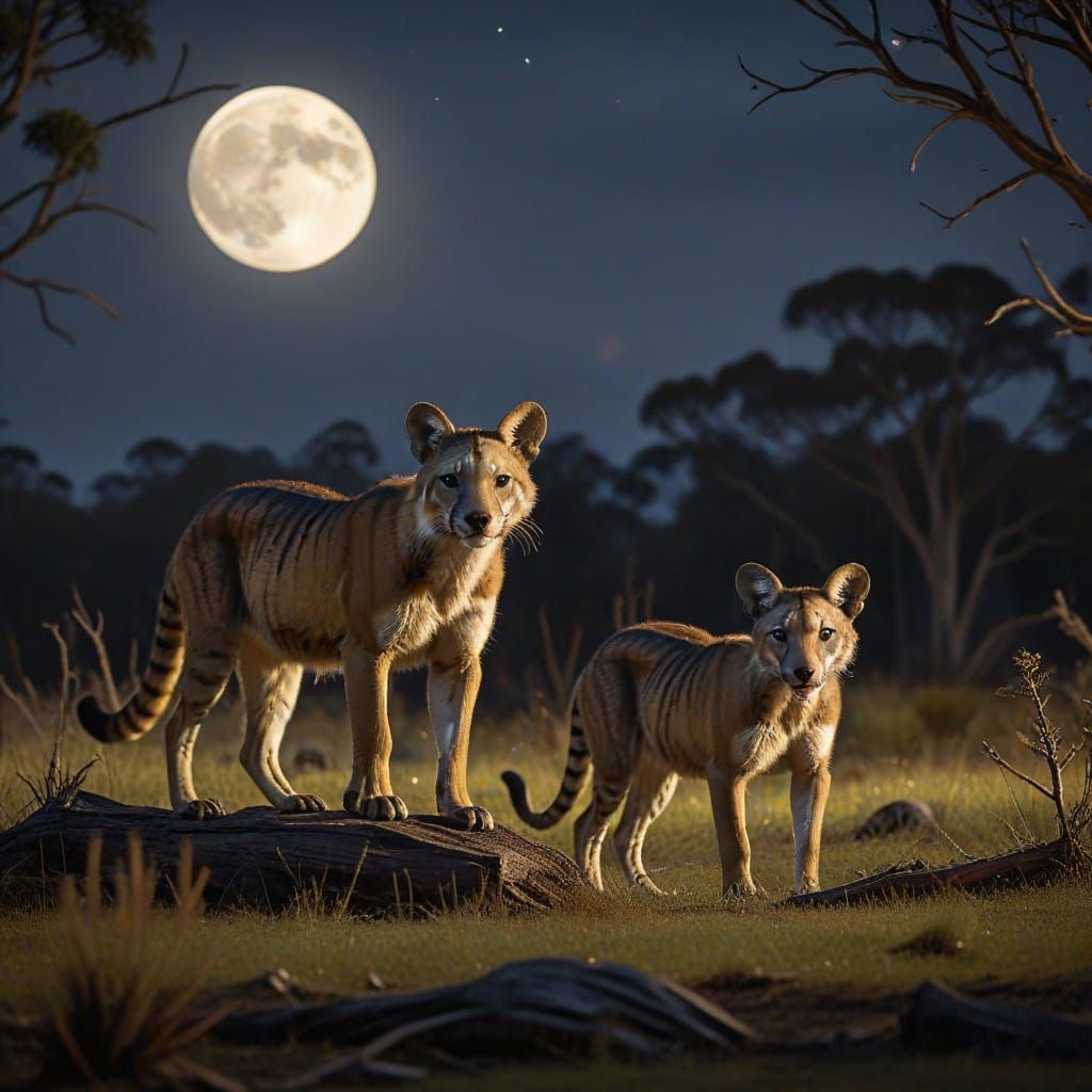 Tasmanian Tigers Roam a Moonlit Meadow Under a Haunting, Cin...