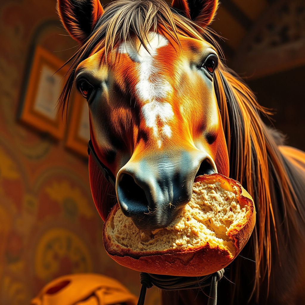 Majestic Horse Devours Golden Bread in Vibrant Countryside