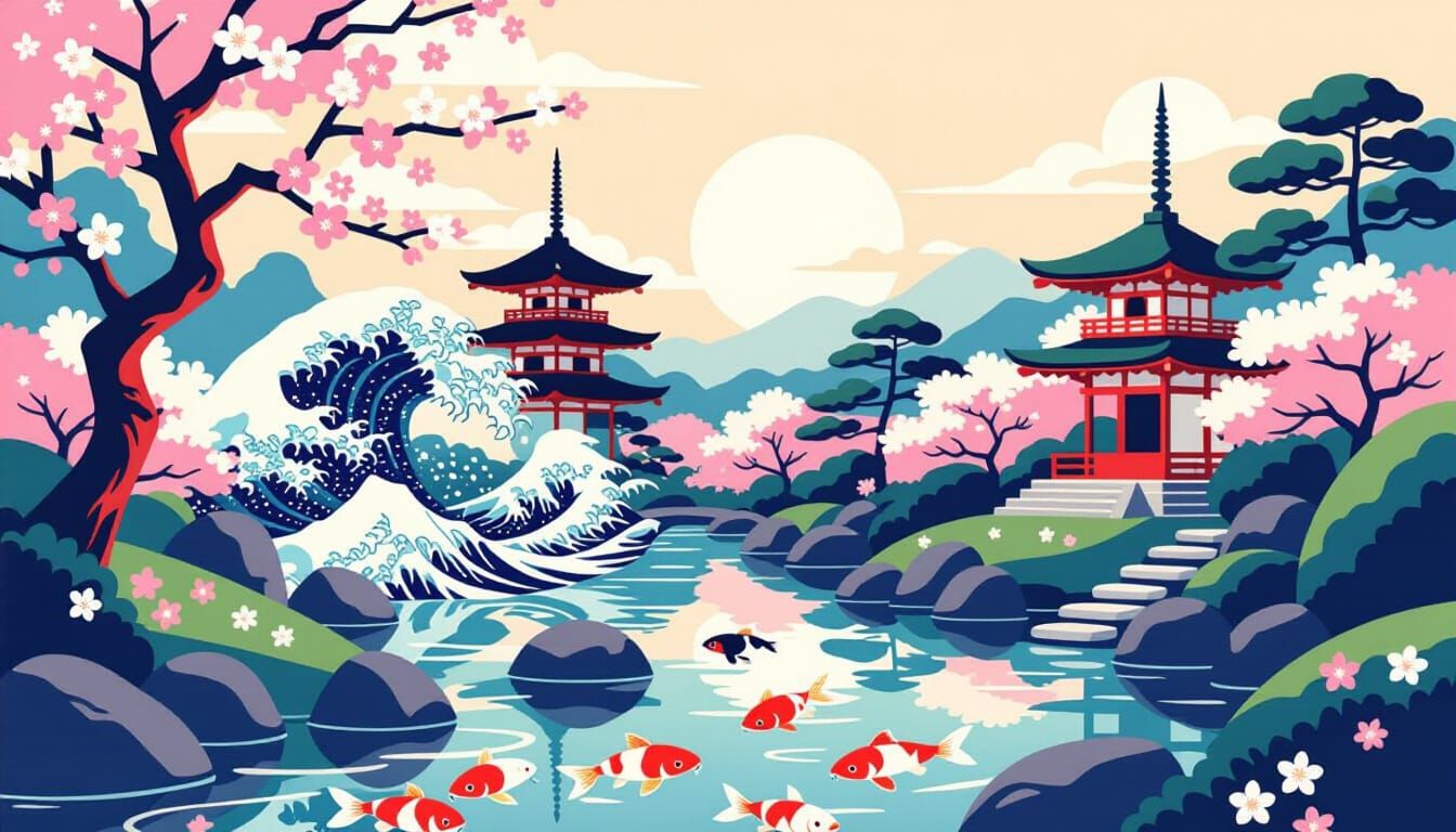 Imagine a serene Japanese garden where Hokusai, Hiroshige, a...