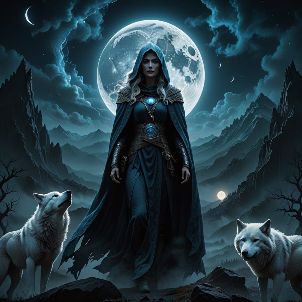 Mystical Dark Fantasy Cover Art with Elemental Magic and Moo...