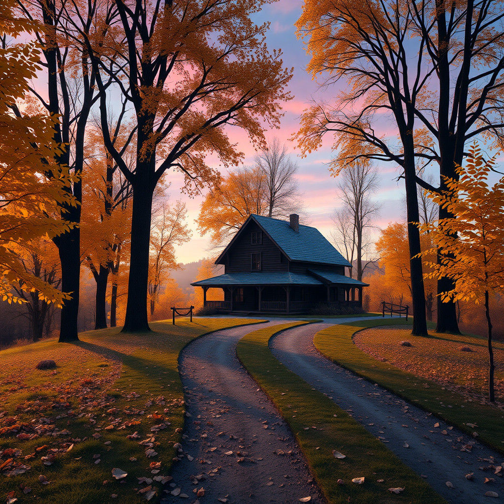 Autumnal Path to Serene House in Matte Painting Style