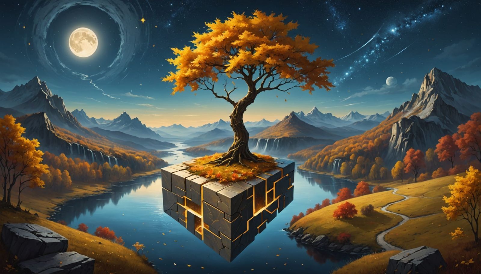 Surreal Floating Cube Frames Autumn Landscape Under Starry S...