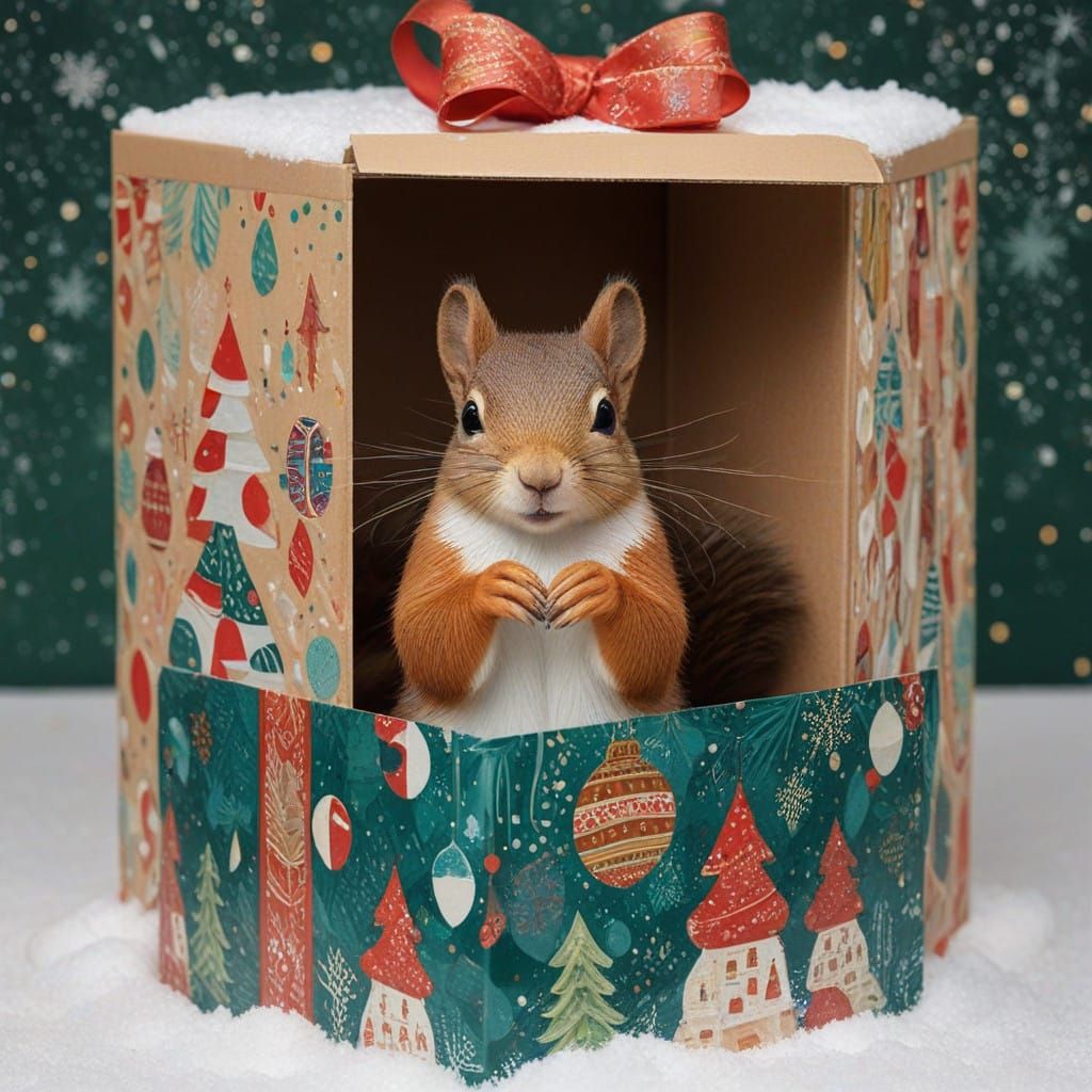 Surreal Christmas Squirrel in Gustav Klimt Style