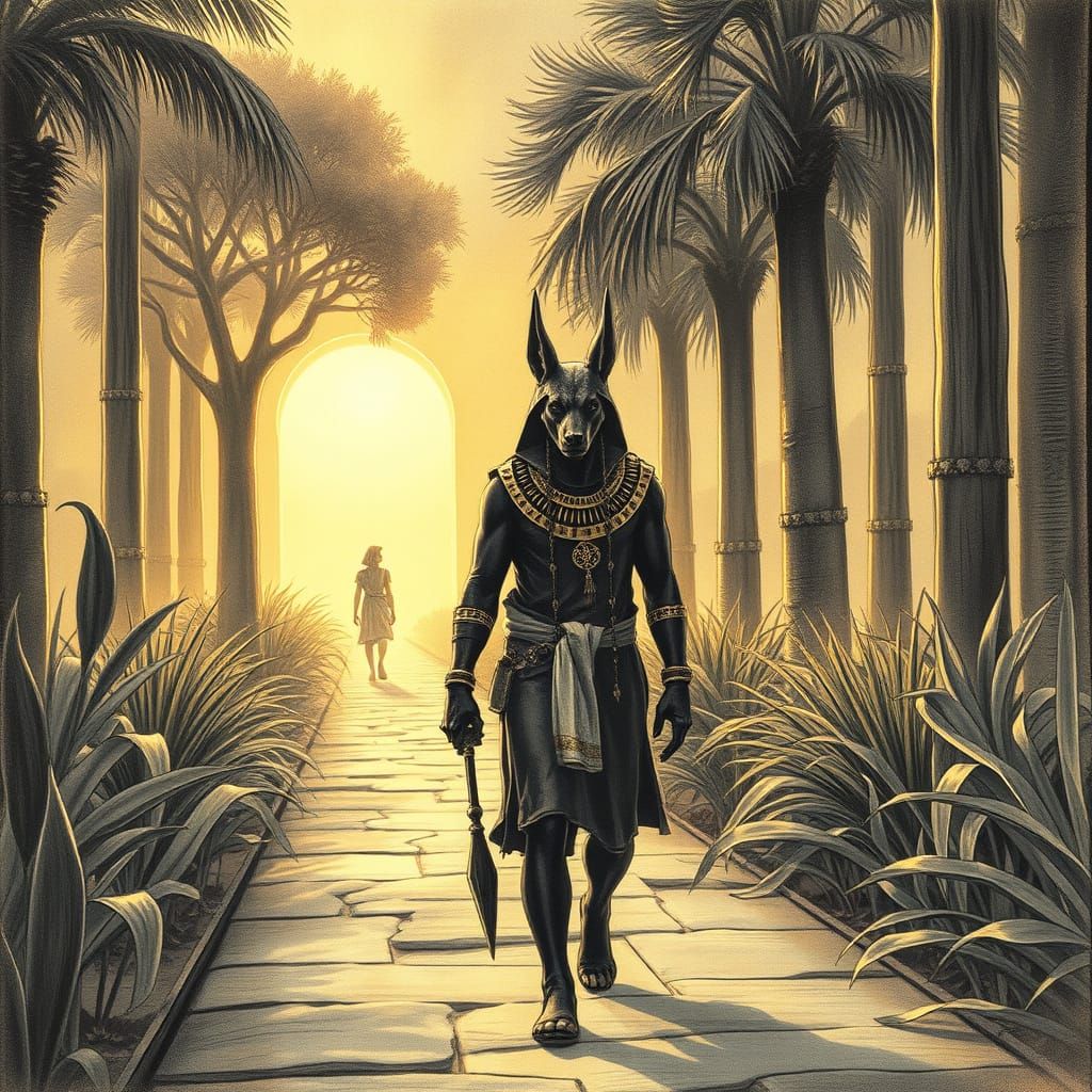 Anubis Guides Soul to Aaru: Charcoal Drawing