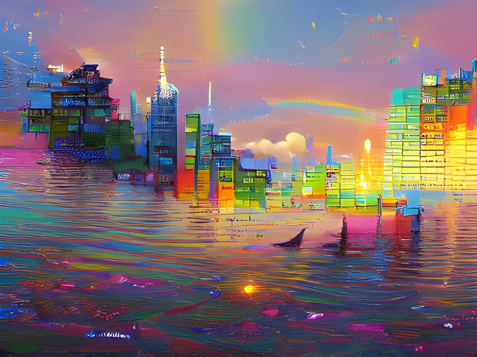 Colorful Cityscape at Sunset: Digital Illustration