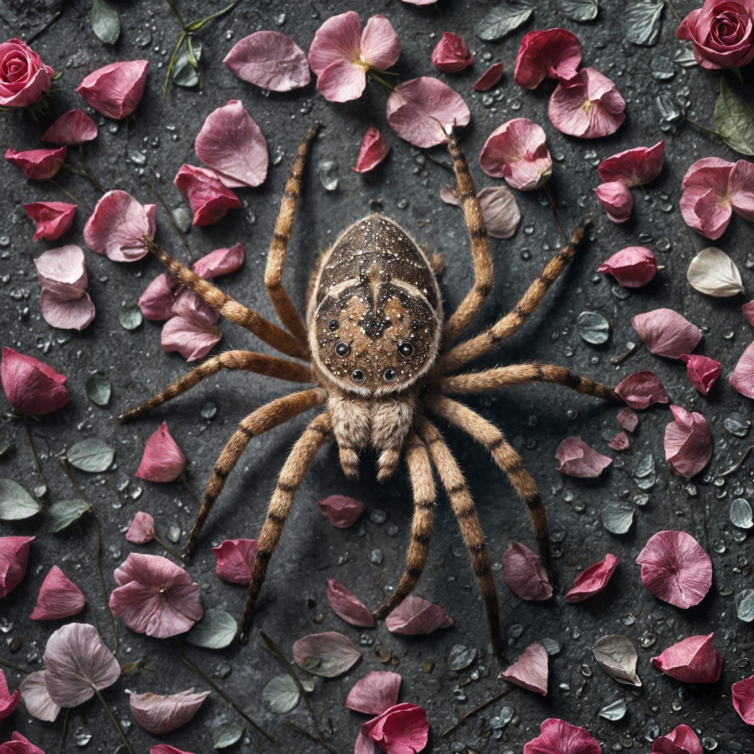Detailed Wolf Spider Among Dewy Rose Petals