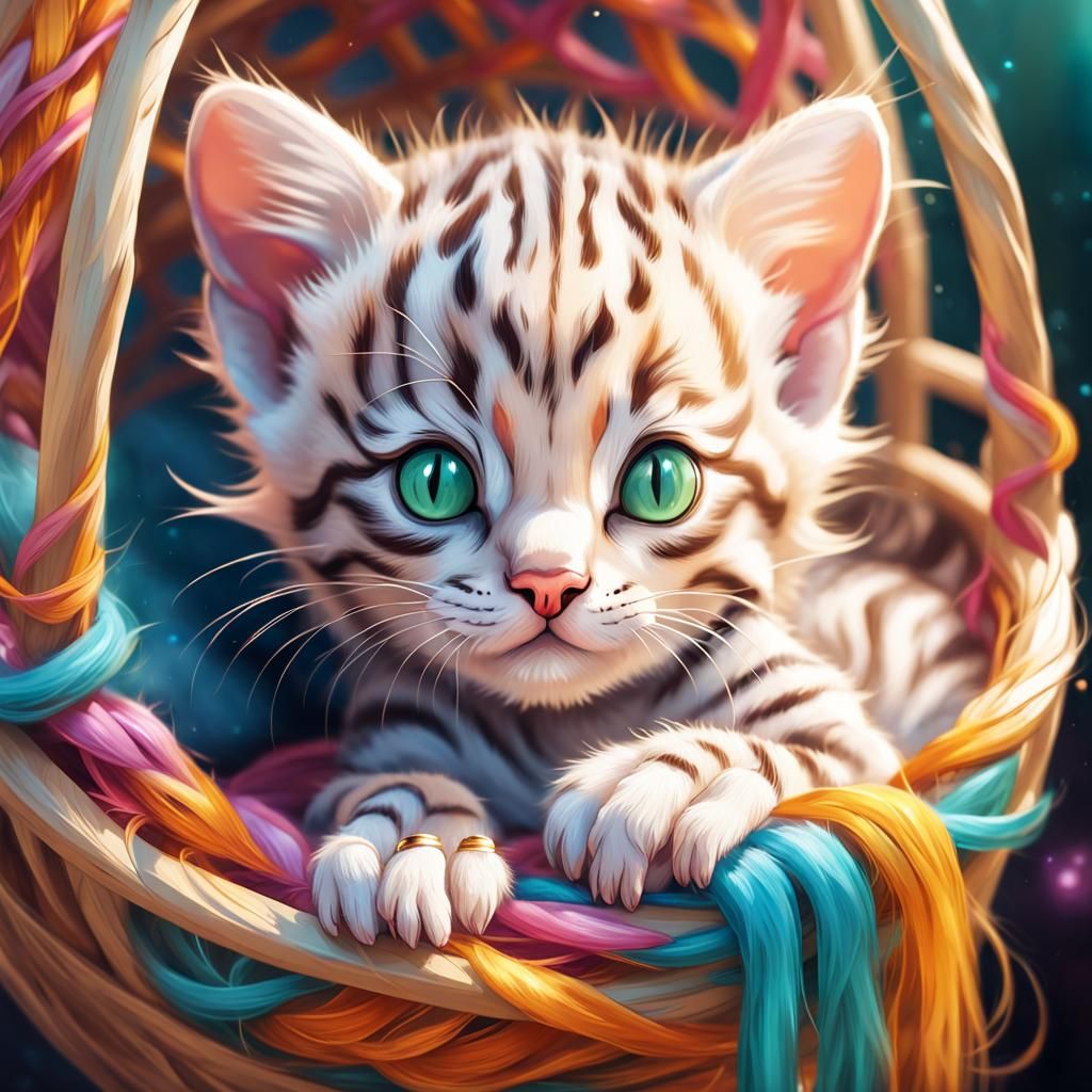 Whimsical Newborn Kitten in Cradle: Fantasy Art
