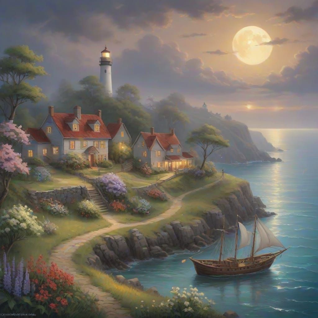 Whimsical 1600s Seaside Town at Night