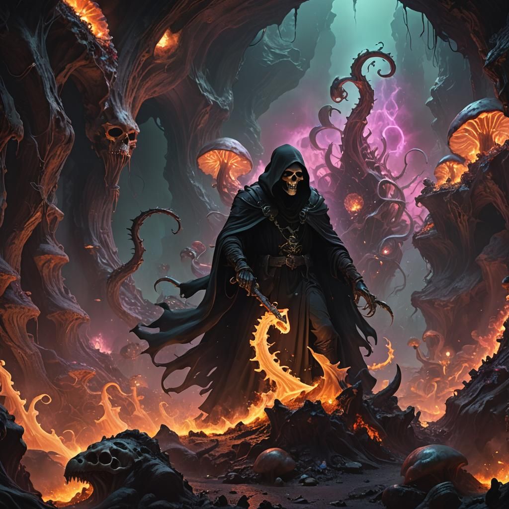 Grim Reaper Rides Dragon in Neon Cavern