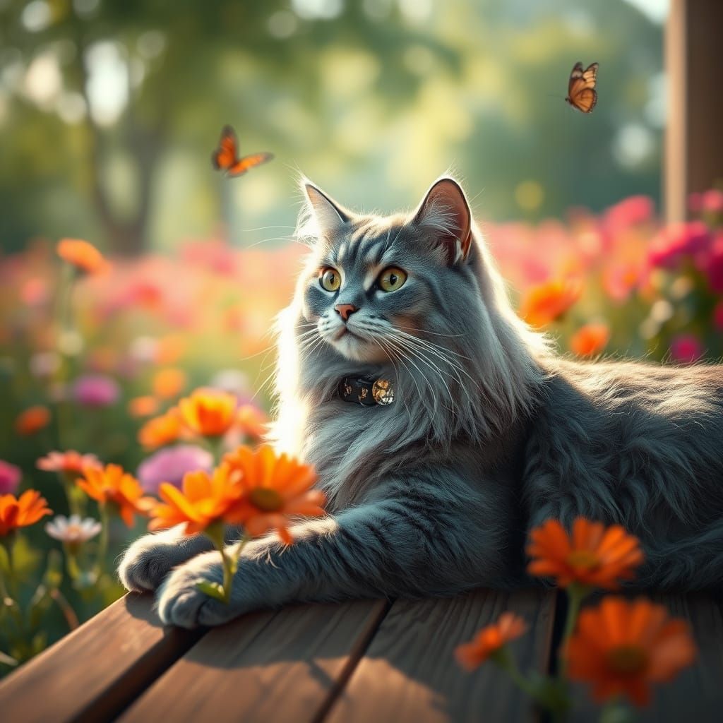 Cat in Sunbeam with Butterfly, Photorealistic Style