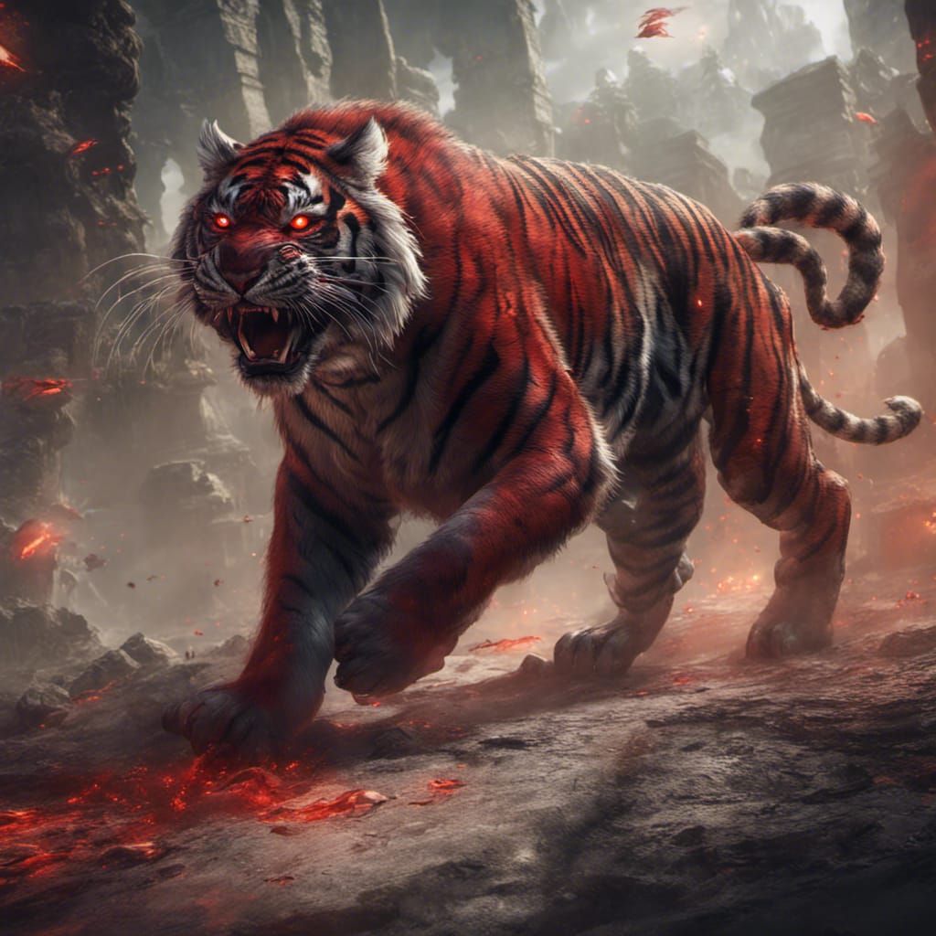Fantasy Tiger Running with Red Eyes