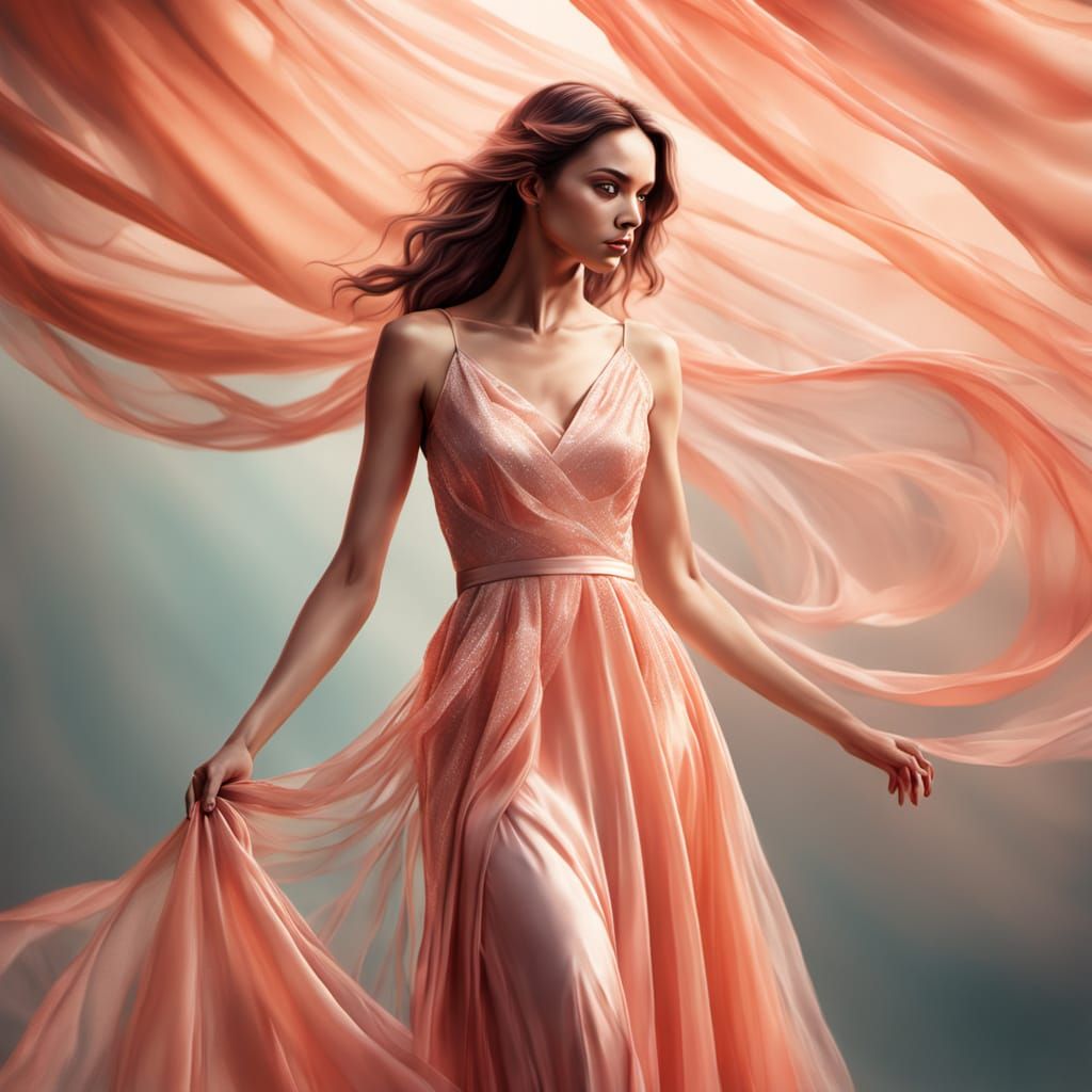 Woman in Peach Dress: Hyperrealistic Concept Art