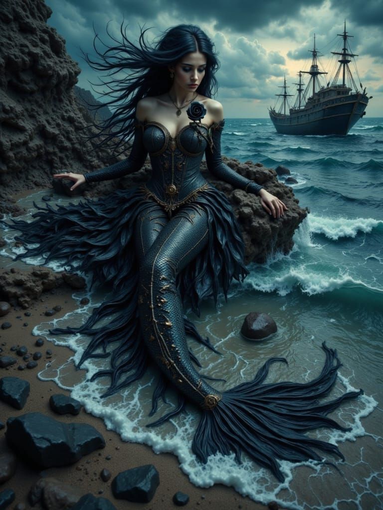 Dark Fantasy Mermaid Emerges from Shipwreck at Night