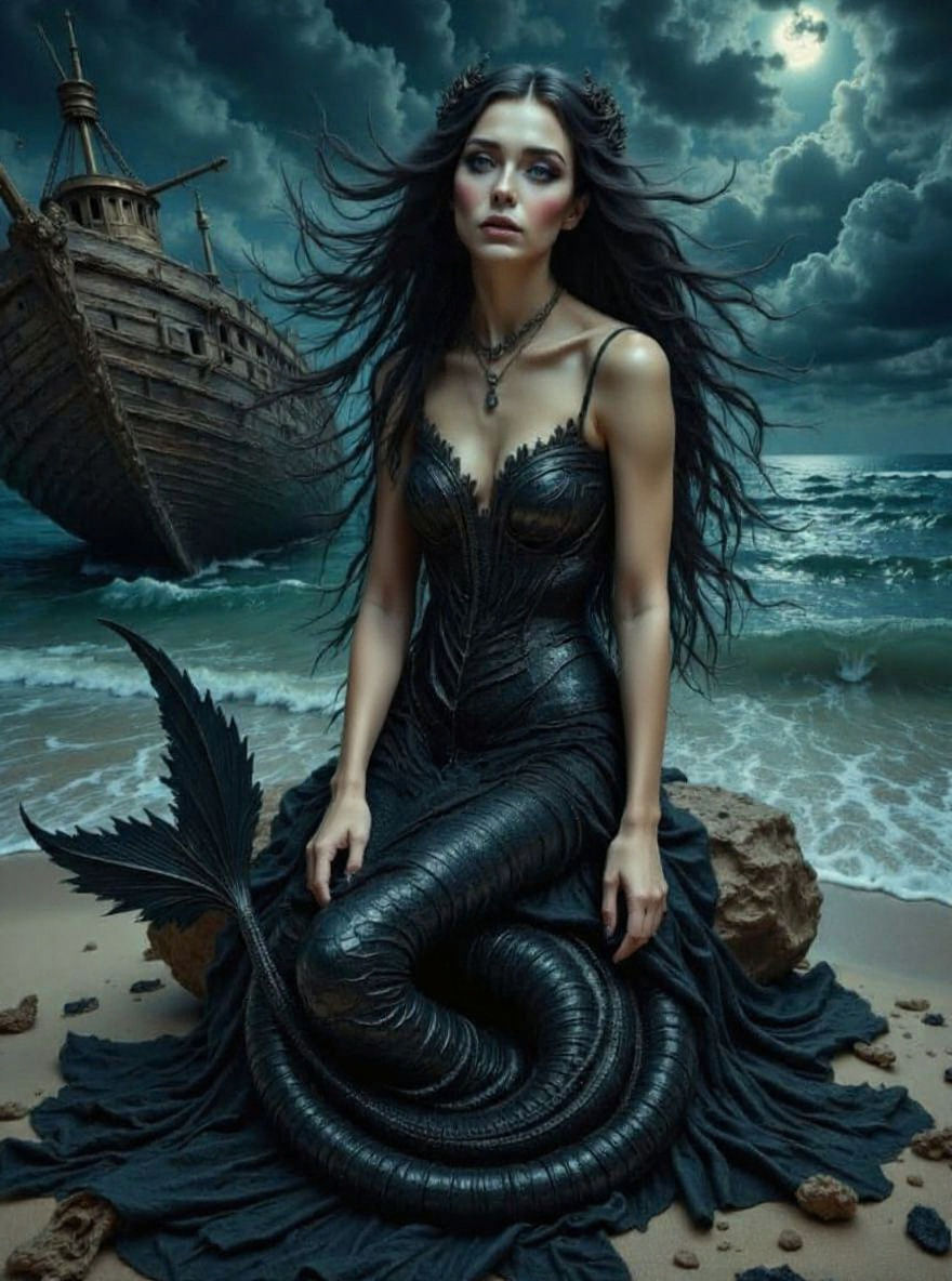 Dark Mermaid Emerges from Shipwreck at Night