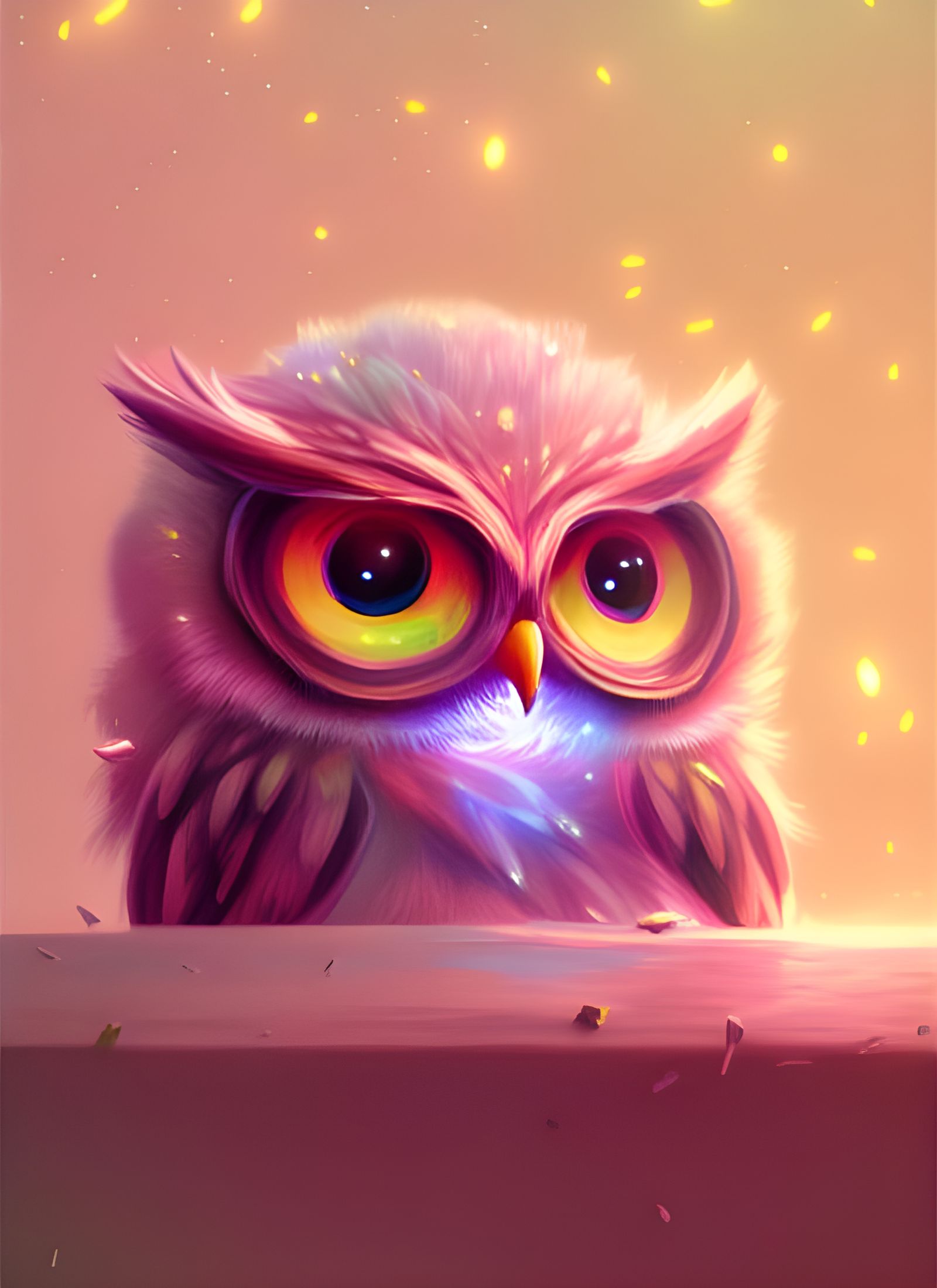 Pink Baby Owl with Luminous Crystals, Digital Art