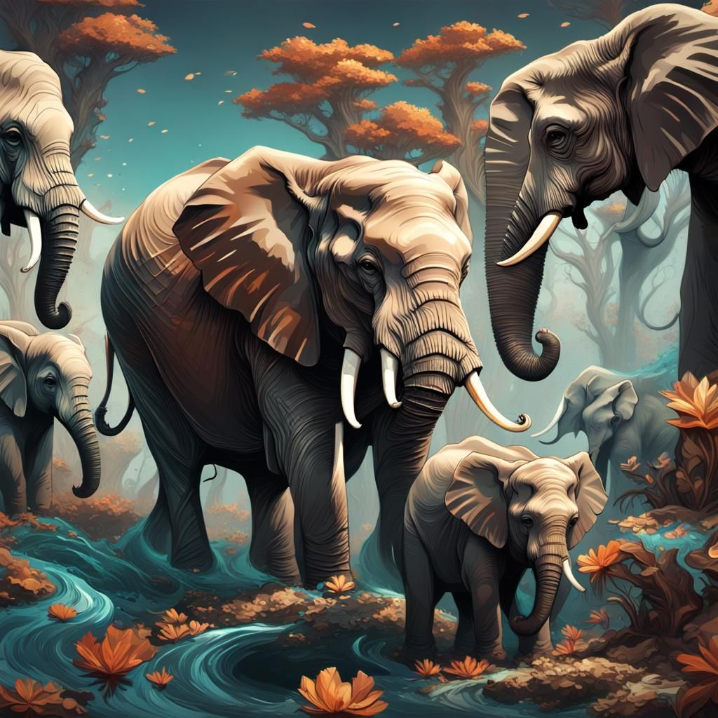 Giant Sleeping Elephant Surrounded by Baby Elephants