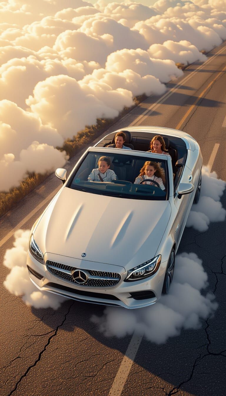 Family Road Trip on Clouds in Golden Hour Lighting